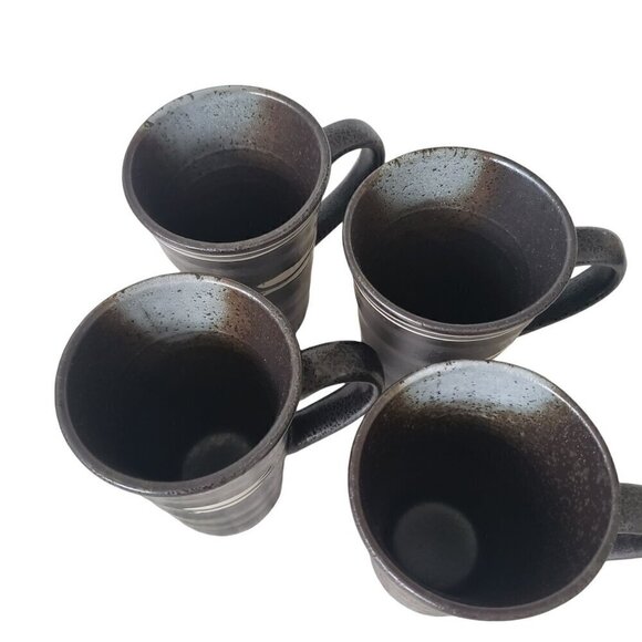Stoneware Black Matte Glazed Tea Coffee Mugs Set of 4 Primitive Fish Design - Picture 3 of 11